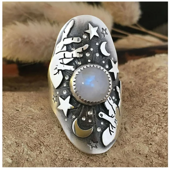 Gypsy Moonstone Ring Crystal Ball Ring Antique Silver Color Multiple Sizes - Picture 3 of 5